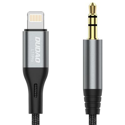 Bomuldsflettet AUX-lydkabel iPhone Lightning - ministik 3,5 mm 1m, grå