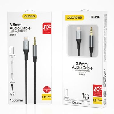Bomuldsflettet AUX-lydkabel iPhone Lightning - ministik 3,5 mm 1m, grå