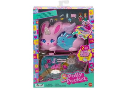 Polly Pocket 2-i-1 Bunny Fun kiste, bærbart lommelekesett med 2 dukker og 12 tilbehør inkludert dyr