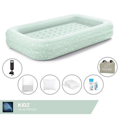 Intex Kidz luftbädd - 1-Person - 107x168x25 cm (BxLxH) - Mintgrön - Med handpump + Påslakan Vit + Kudde + Molton 2 i 1 Örngott + Reparationsset