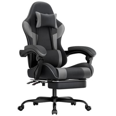 Ergonominen pelituoli lannerangan tuella, säädettävä istuin ja selkänoja, hengittävä PU-nahka, tietokone- ja toimistotuoli musta-harmaa, Max 200 kg