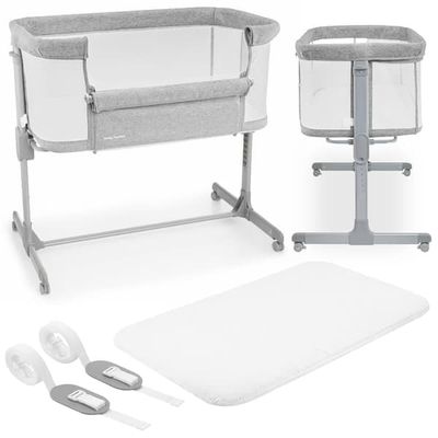 LUNA 3-i-1 sovesofa, grå, til børn op til 9 kg, højdejustering i 7 niveauer, 4 transporthjul, aftageligt sidepanel