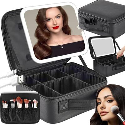 Rejsetaske med LED-spejl - Makeup taske og organiserer