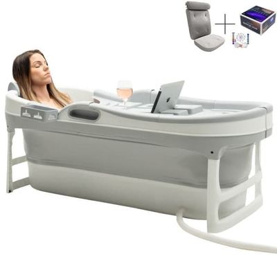 HelloBath® Sammenklappeligt Badekar 148 cm – Ekstra Langt Transportabelt Badekar til Voksne & Børn - Sølv- Inkl. Badepude, Opbevaringstaske & Tilbeh
