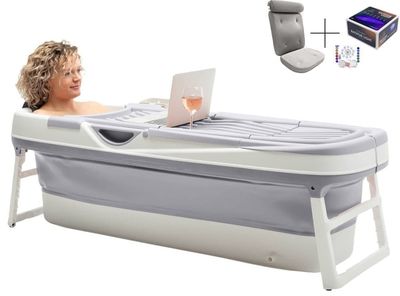 HelloBath sammenleggbart badekar for voksne - Sølv - 157 cm - ekstra langt - inkluderer badepute og oppbevaringstrekk