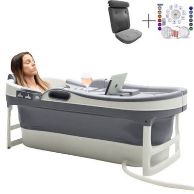 HelloBath® Sammenklappeligt Badekar 148 cm – Ekstra Langt Transportabelt Badekar til Voksne & Børn – Antracit – Inkl. Badepude, Opbevaringstaske & Til