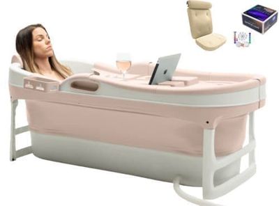 HelloBath® Sammenklappeligt Badekar 148 cm – Ekstra Langt Transportabelt Badekar til Voksne & Børn - Sand- Inkl. Badepude, Opbevaringstaske & Tilbeh