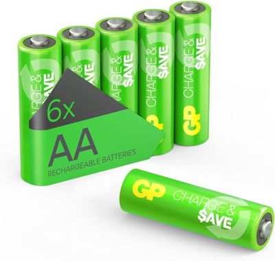 Uppladdningsbara AA NiMH-batterier 1300 mAh – 6-pack | GP Charge & Save | Förladdade, lång livslängd, tål extrema temperaturer | Perfekta för lampor,