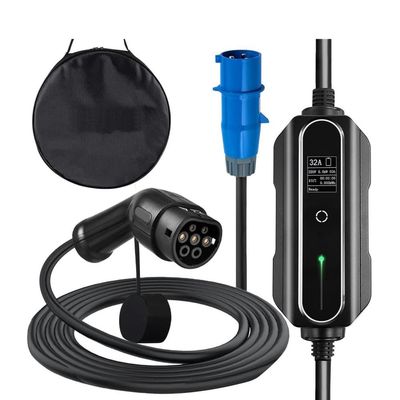250V 7,4kW 32A Typ 2 bärbar elbilsladdare med CEE 3-stiftskontakt/7,5M-kabel, snabbare laddning, flerskiktsskydd, lätt att använda, hög kompatibilitet
