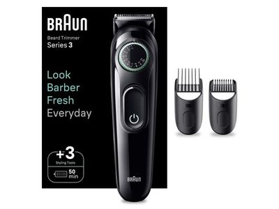 Braun BeardTrimmer 3 BT3411, Vaskbar, Batteri, Sort, Grønn