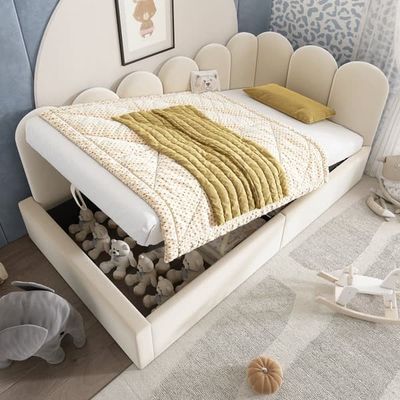 Bäddpall med förvaringsutrymme - sammetstyg - 90x200 cm - med spjälstomme - beige