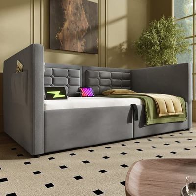 Sovesofa 90x200 cm, enkeltseng med hydraulisk opbevaringsplads, USB & Type-C opladning, lamelbund i træ, fløjlsgrå, uden madras