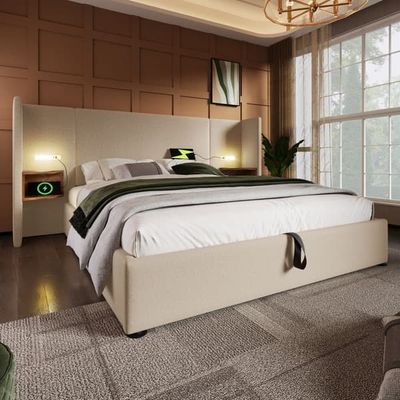 Polstret seng 160x200 cm med natbord, læselampe, USB-C, opbevaring, lamelbund, leinen, beige, inkl. madras