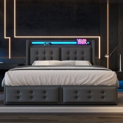 Dobbeltseng 140x200 med LED-sengegavl, USB-C-opladning og 4 skuffer – grå træ- og metalsengeramme med madras