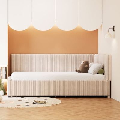 Polstret seng med opbevaring 90x200 cm – Multifunktionel sovesofa med 2 store skuffer og lamelbund, betrukket med hudvenligt fløjlsstof – Beige