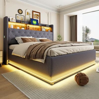 LED-säng 180x200 cm med USB-laddning och hydrauliskt förvaringsutrymme, stoppad säng i hudvänligt linnetyg, grå