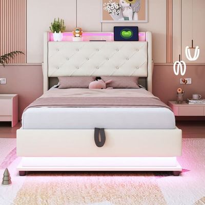 Enkeltseng 90x200 cm med LED-lys, USB-stik, hovedgærde, der kan åbnes, hydraulisk opbevaring, mobillomme, beige hørstof
