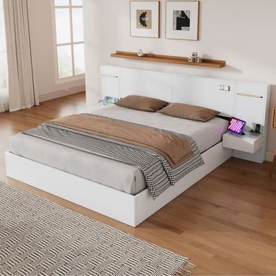 Träsäng för vuxna 180x200 cm - med 2 sängbord - med USB-laddningsport, Bluetooth-högtalare och digital klocka - vit