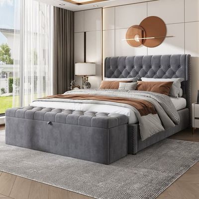 Sittbänk i sammet med förvaring 138x41x42 cm – vadderad bänk för sovrum eller hall – grå