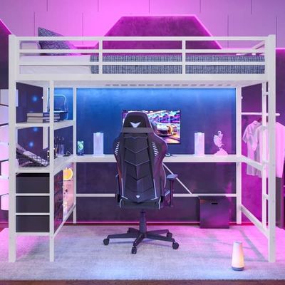 140x200cm hems seng med LED og stikkontakt - skrivebord med 3 skuffer og hylde - hvid