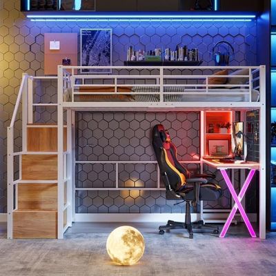90x200cm hems seng med LED - skrivebord + garderobe + opbevaringsstige - hvid