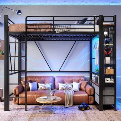 Hems 90x200 cm med metalstel, LED-belysning, USB & Type-C stik, opbevaring med skuffer og hylder – sort