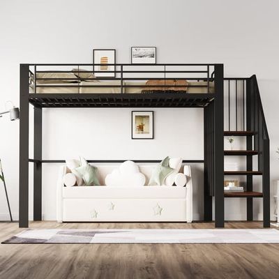 Elevationsseng 140x200 cm stabil metalkonstruktion med stor opbevaring under sengen og trappen, ideel til børn og voksne