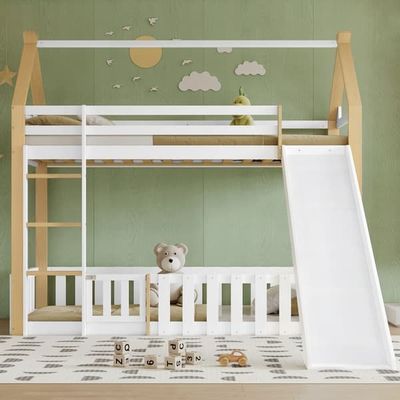 Køjeseng 90x200 cm til børn, hems design med rutsjebane, fri plads med gelænder, stabil lamelbund og stige, hvid+natur, fyrretræ+MDF+krydsfiner