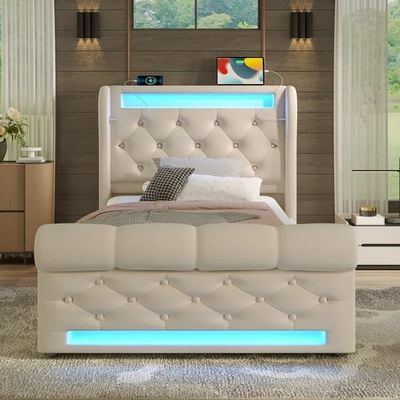 Enkeltseng 90x200 cm - LED-belysning, sengegavl med USB & Type-C, hydraulisk opbevaring - beige velour, uden madras