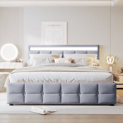 Seng med opbevaring 180x200 cm i velour – Med LED-belysning og lamelbund – Grå