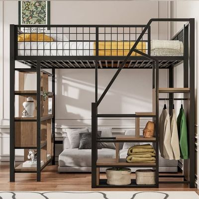 Hems 140x200 cm sort, multifunktionel metalseng med opbevaring, hylder og trapper, voksenseng og barneseng