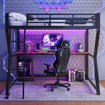 90x200cm hems seng med LED og stikkontakt - skrivebord + trapper - sort