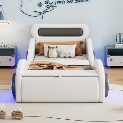 Barnsäng 90x200 cm - Polstrad Säng i Bilform med Ljusande Hjul - Vit