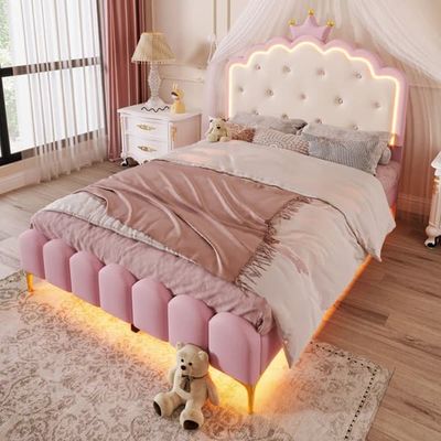 Møbleret seng 140x200 cm med LED - PU lædermateriale - med lamelramme - lyserød