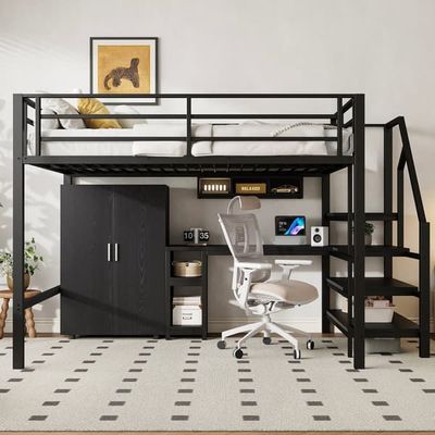 140x200 cm Metal Hems Seng - med Skrivebord, Garderobe og Opbevaringsstige - Sort
