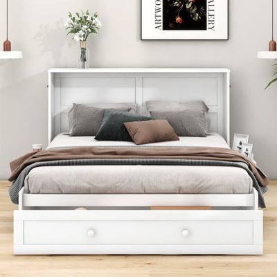 Mobilt sengeskab, 140 x 200 cm, med skuffer for enden af sengen og lille hylde på siden, konvertibel platformsseng, hvid