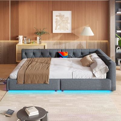 Daybed/Sofa 140x200 cm med lamelbund, LED-lys og fjernbetjening, hovedgærde med knapper, USB+Type-C, linned, grå, uden madras