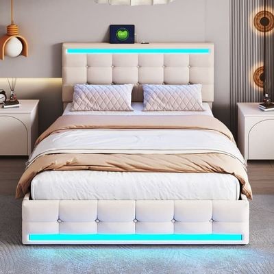 Polstret seng 140x200 cm med LED-belysning, 4 opbevaringsskuffer og 2 USB-porte – Plateauseng i beige hørstof med oplyst sengegavl og fodgærde
