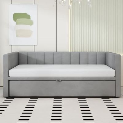 Polstret sovesofa udtræksseng 90/180x200 cm med lamelbund, multifunktionel seng i hudvenligt fløjlsstof grå