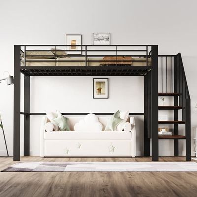 Elevationsseng 140x200 cm stabil metalkonstruktion med stor opbevaring under sengen og trappen, ideel til børn og voksne