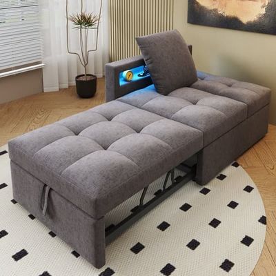 3-i-1 multifunktionel stofsovesofa med justerbar ryg, armlæn med LED-lys og USB/Type-C, ideel til små rum