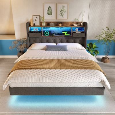 Polstret seng 180x200 cm med LED-belysning, sengegavl med ladestation (USB & Type-C), moderne dobbeltseng med opbevaring, gråt linned, uden madras