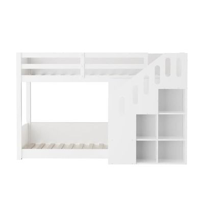 Køjeseng til børn - 2x90x200 cm - med trappeskab og gelænder - hvid (uden madras)