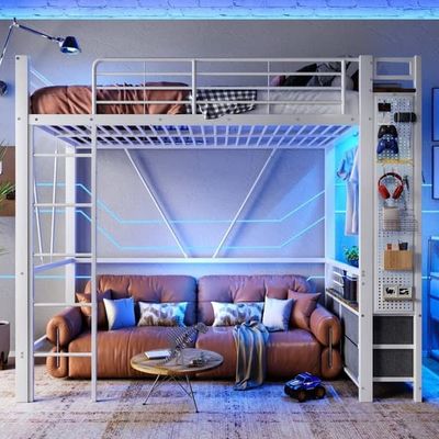 Hems 90x200 cm med metalstel - LED-belysning, USB+Type-C, opbevaring med hylder, skuffer, tøjstang - hvid