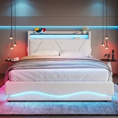Dobbeltseng 140x200 med LED-sengegavl, USB-opladning, opbevaring under sengen og sidelommer – Lydløs gasfjederlift, moderne sengeramme med hylder