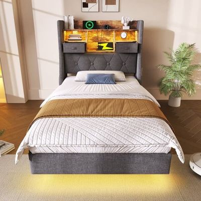 Enkeltseng 90x200 cm med LED-belysning, USB-C & USB ladestation, moderne grå linnedseng med opbevaring og sengegavl uden madras