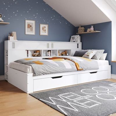 Daybed 90x200 cm til børn – multifunktionel juniorseng med opbevaringsbokse, reol og skab, hvid sengeramme uden madras