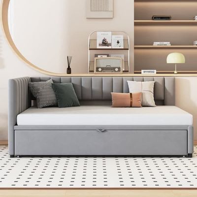 Multifunktionel L-formet fløjl sovesofa 90/180x200 - udtræksseng, pladsbesparende seng til børneværelse eller gæsteværelse - Grå
