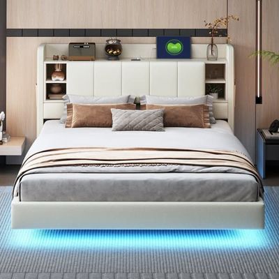 Dobbeltseng 160x200 cm i hørstof med knappolstring – USB-stik, LED-belysning og metalramme – Beige