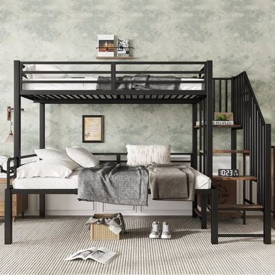 Metall Etagebädd 90x200 & 120x200 cm - För barn och ungdomar, hörnstege med förvaring - Metall & MDF - Svart & vintage trä